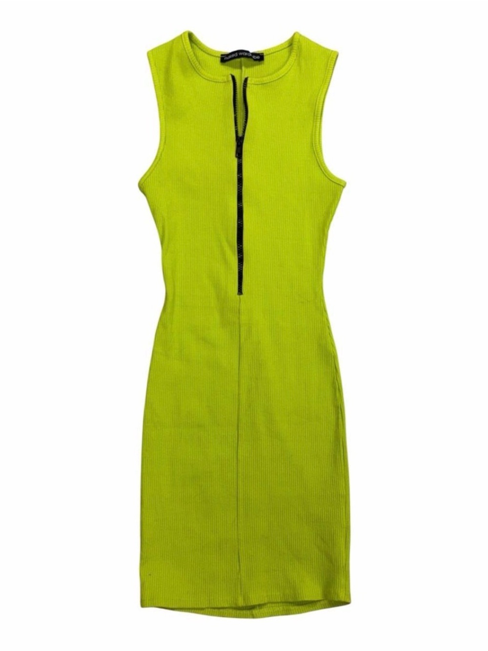 Naked Wardrobe Neon Lime Green Ribbed Bodycon Zipper Dress